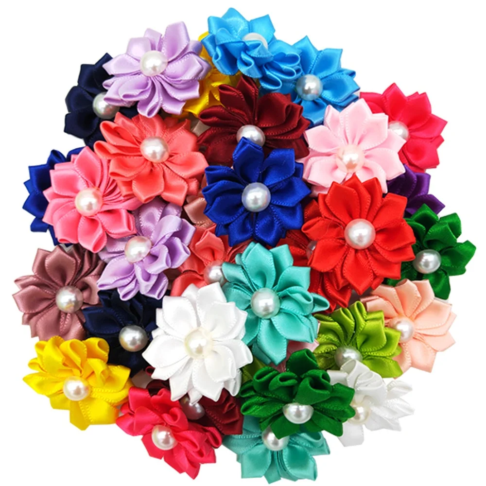 Colorful Pearl Decorated Dog Hair Bows Silk Flowers Pet Grooming Accessories Sweet Polyester Animal Small Animals Hair Ornaments