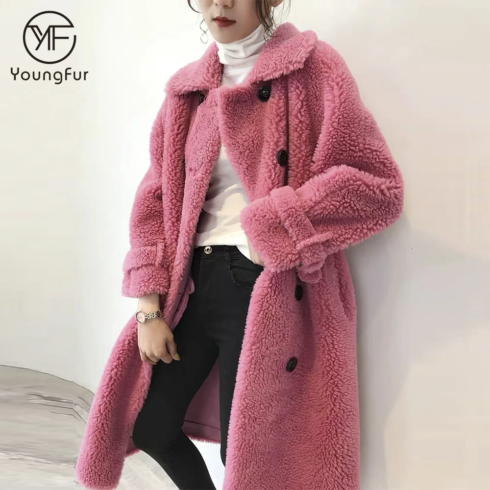 2019 Fashion Beige Navy Hot Pink Sheepskin Coat Shearling Lamb Fur Jacket Winter Women Girls