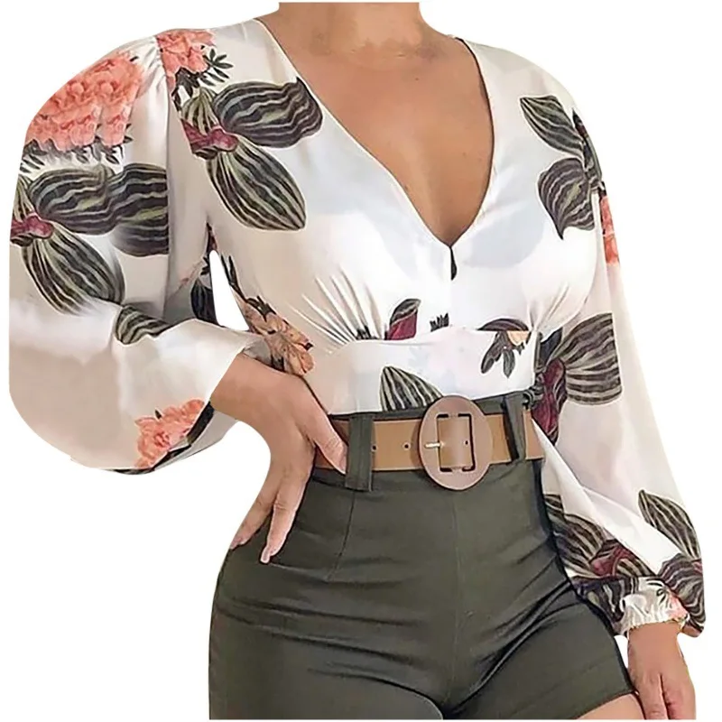 T-Shirt Sexy Crop Top spring Elegant Long Sleeve V Neck Ruffle Chiffon Trim Floral Print Shirt Tops Clothing For Women