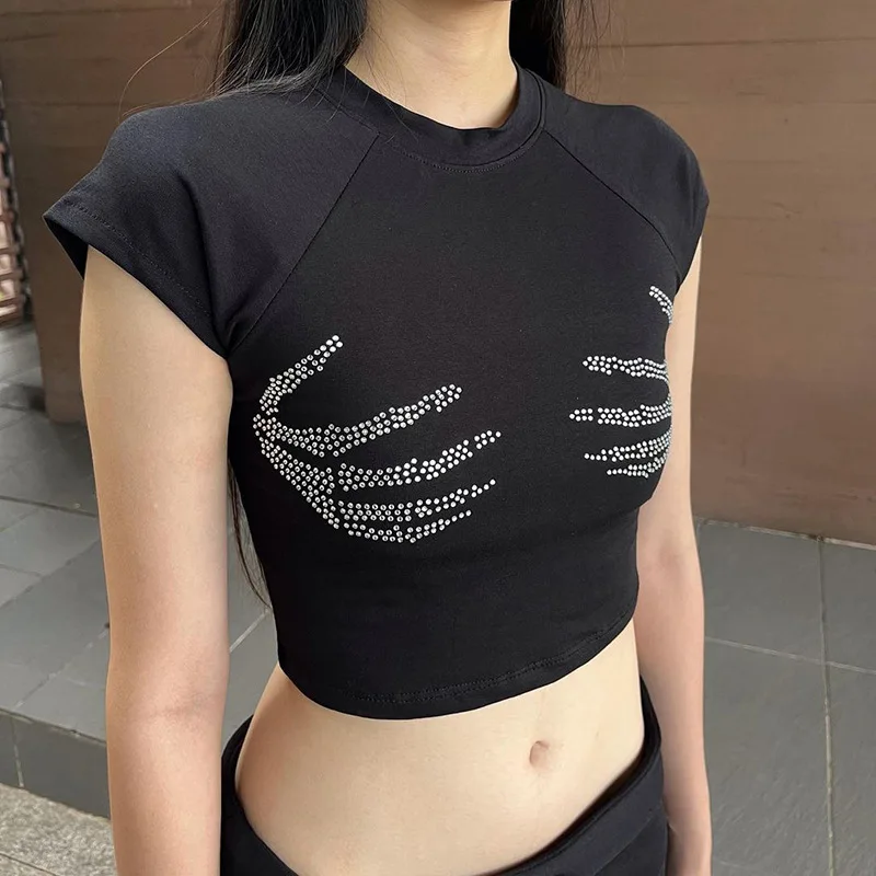 Wholesale 2023 Summer New Fashion Women Y2K Rhinestones Print Black Round Neck Streetwear T-Shirt Crop Top Gothic Clothing