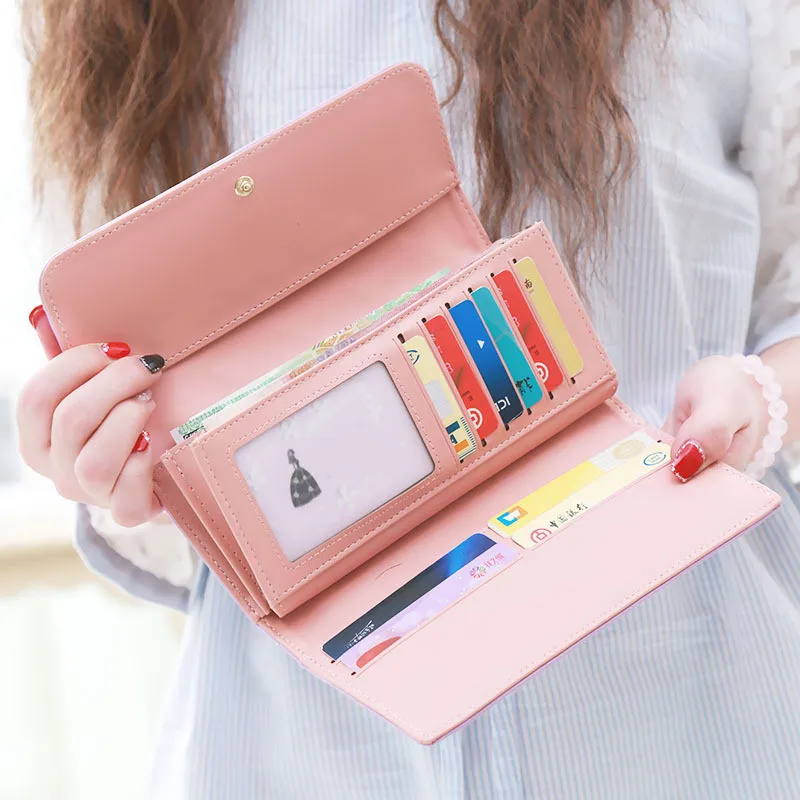 Wholesale  Tri-fold Button Closure Long Purse Women Multi Card Organizer Golden Crown Candy Colors Thread Lattice Clutch  Wallet