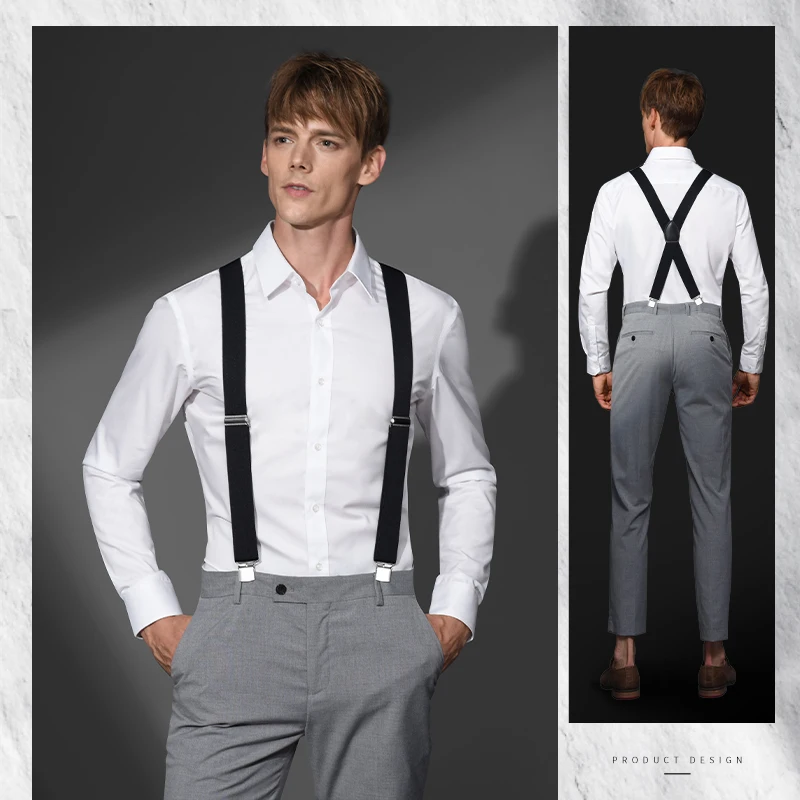 Black Color X Shape Fashion Design Adjustable Metal 4 Clips Elastic Band Straps Suspenders for Men