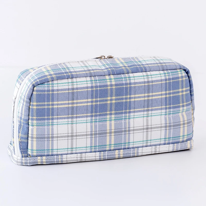 Classic lattice large capacity double zipper canvas student storage box check pattern design zipper fabric canvas pencil case