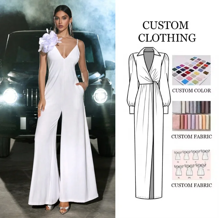 D&M custom Advanced sense Sexy deep V-shaped 3D flower suspender Jumpsuit Women Zip Skinny Elastic Wide Leg jumpsuit For Ladies