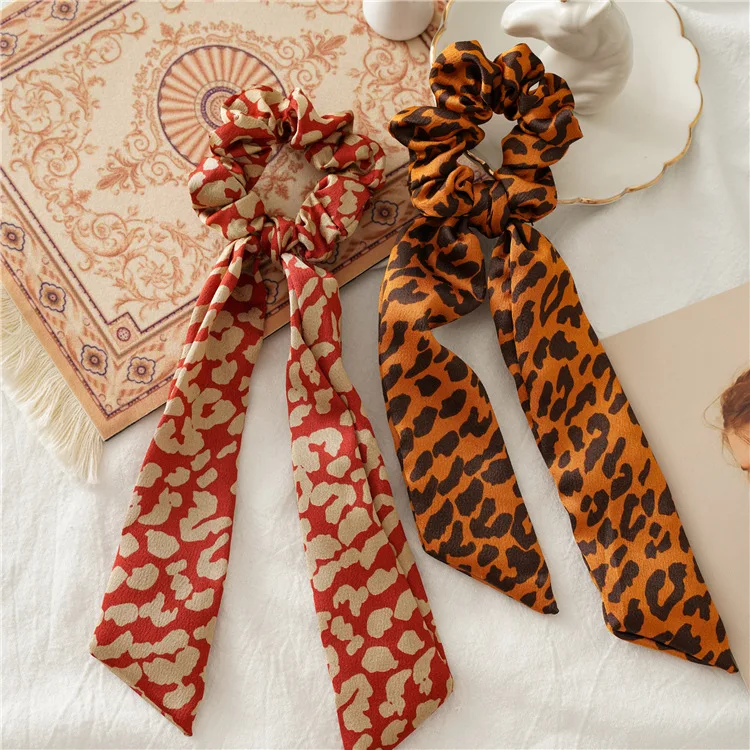 Fashion Hair Accessories Scrunchies Fabric Elastic Hair Band Cord Hair Ties Silk Satin Leopard Scarf Scrunchies For Women