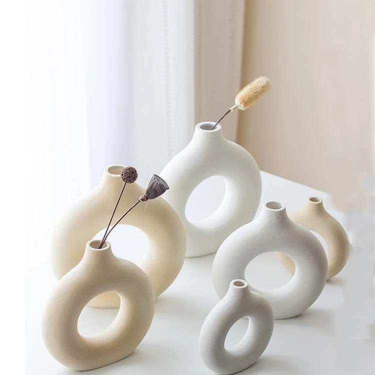 Nordic Decor Farmhouse Small and Large Circular Hollow White Modern Home Hotel Ceramic Jar Flower Vase Round Ring Donut Vase