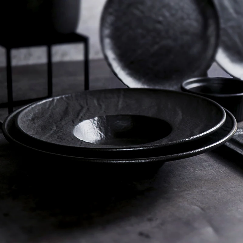 Matt Black Porcelain Dinner Plate Restaurant Hotel Deep Soup Plate Ceramic Pasta Plate for Dinnerware Dish Buffet
