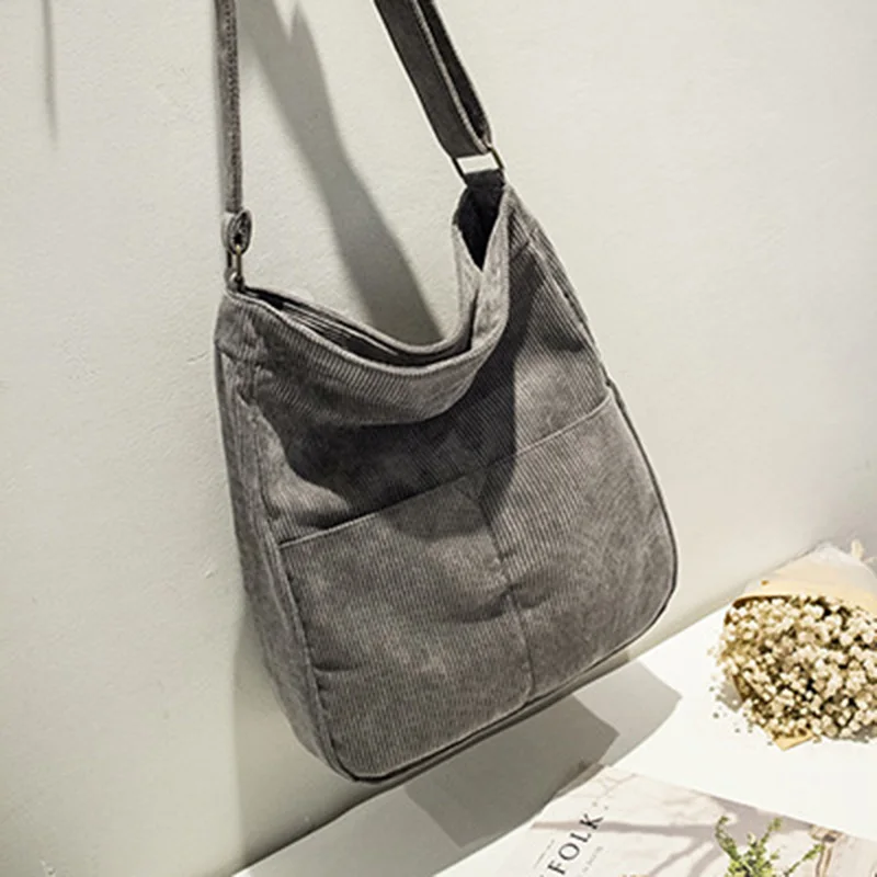 Chartmate Hot Sale Wholesale Girls Plain Casual Style Shoulder Strap With Inner Pockets Corduroy Tote Bag