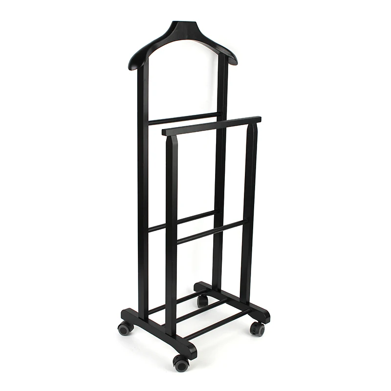 Wholesale wooden standing clothes coat rack for hotel room suit valet stand