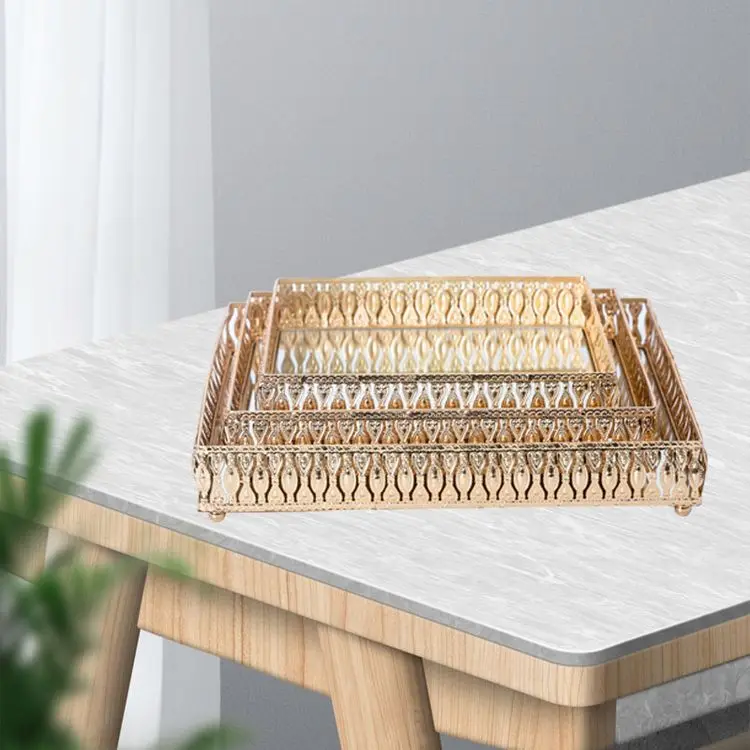 European Modern Gold Plated Inlay Dessert  Plate Dish Rectangle Metal Glass Mirror Food Serving Tray