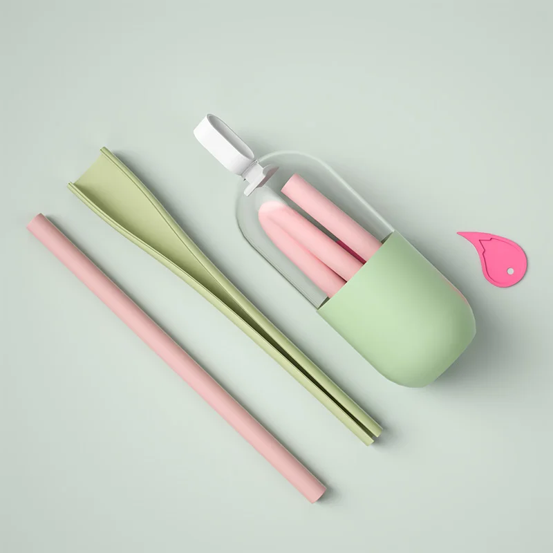 Food Grade Snap Folding  Custom Telescopic Reusable Silicone Zip Straw Drinkingeasy Clean With Case  For Kids