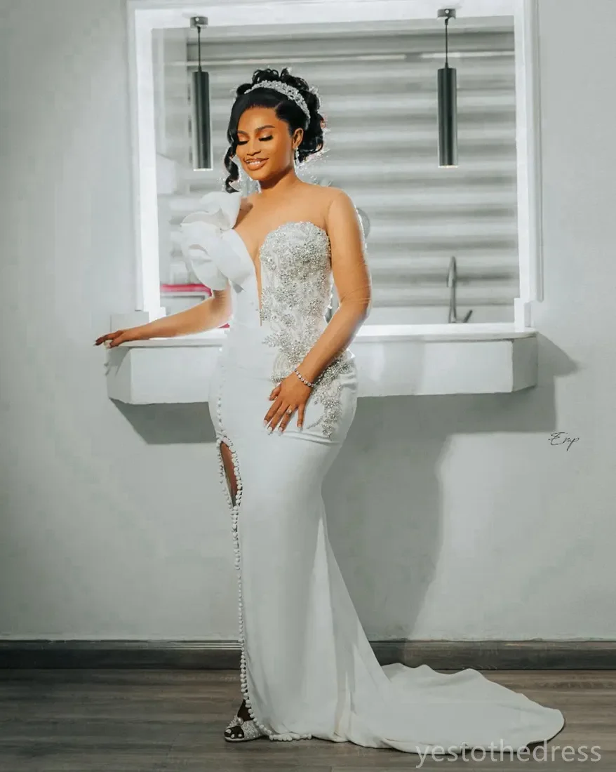 2024 Mermaid Wedding Dresses for Bride Illusion Neck Bridal Gowns Sheer Neck Side Split Beaded Sexy Bridal Wedding Gowns