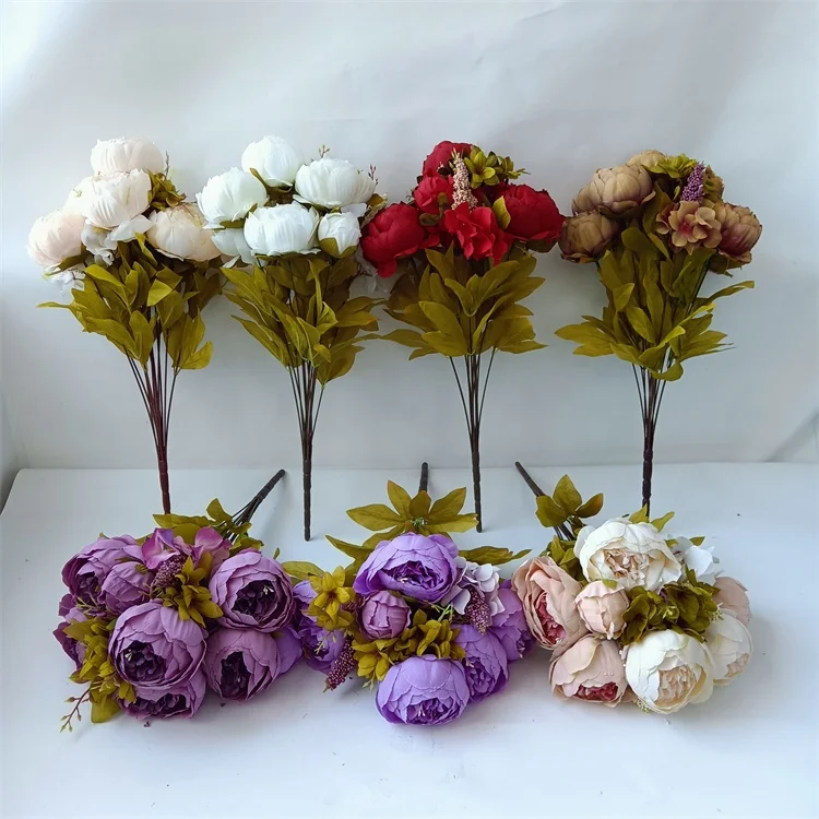 Wholesale G-2135 Artificial 13 Heads Silk Peony Flowers Bouquet For Home Wedding Decoration