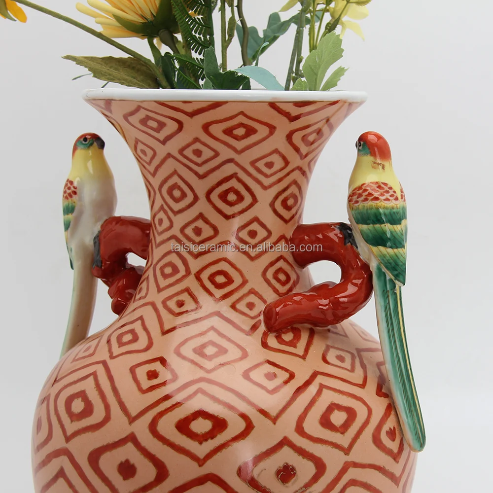 V108 Oriental style bird handle red porcelain vases hand painted chinois antique vase for decoration