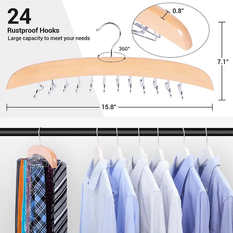 Tie Rack Hanger for Closet Wooden Tie Holder Organizer Necktie Storage  360 Degree Rotating Tie Rack Tank Tops Accessories