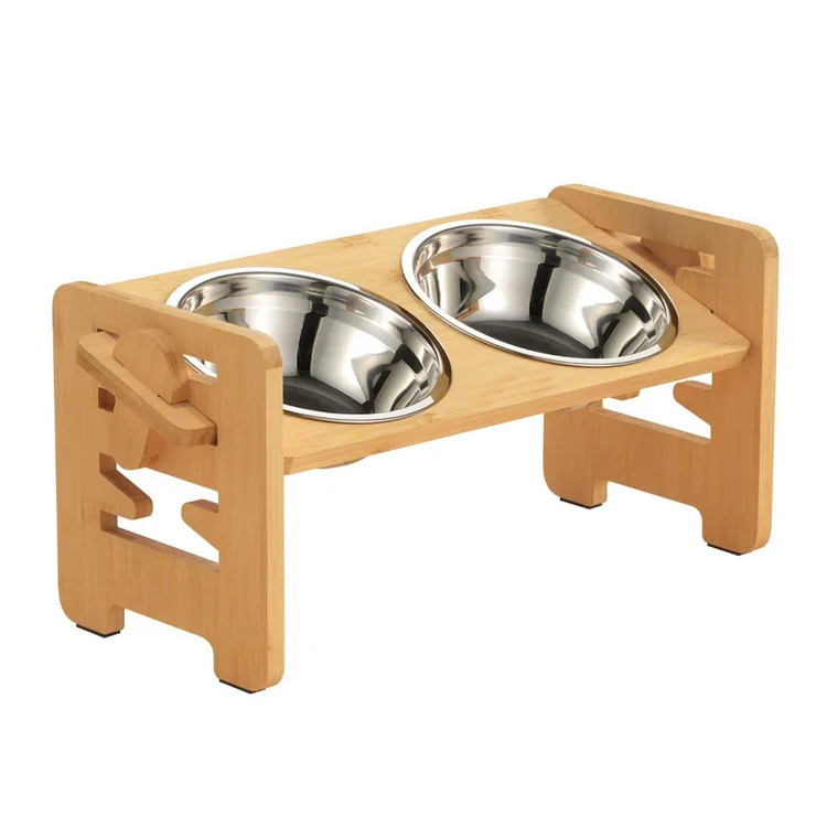 Adjustable Bamboo Wood Raised Small Pet Bowls Elevated Feeder For Dogs Cats Food bowls elevated