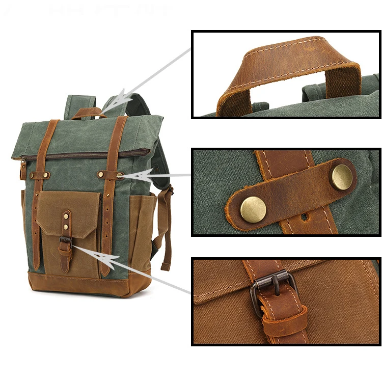 Crazy horse genuine leather backpack men resistant water office backpack roll top led backpack bag