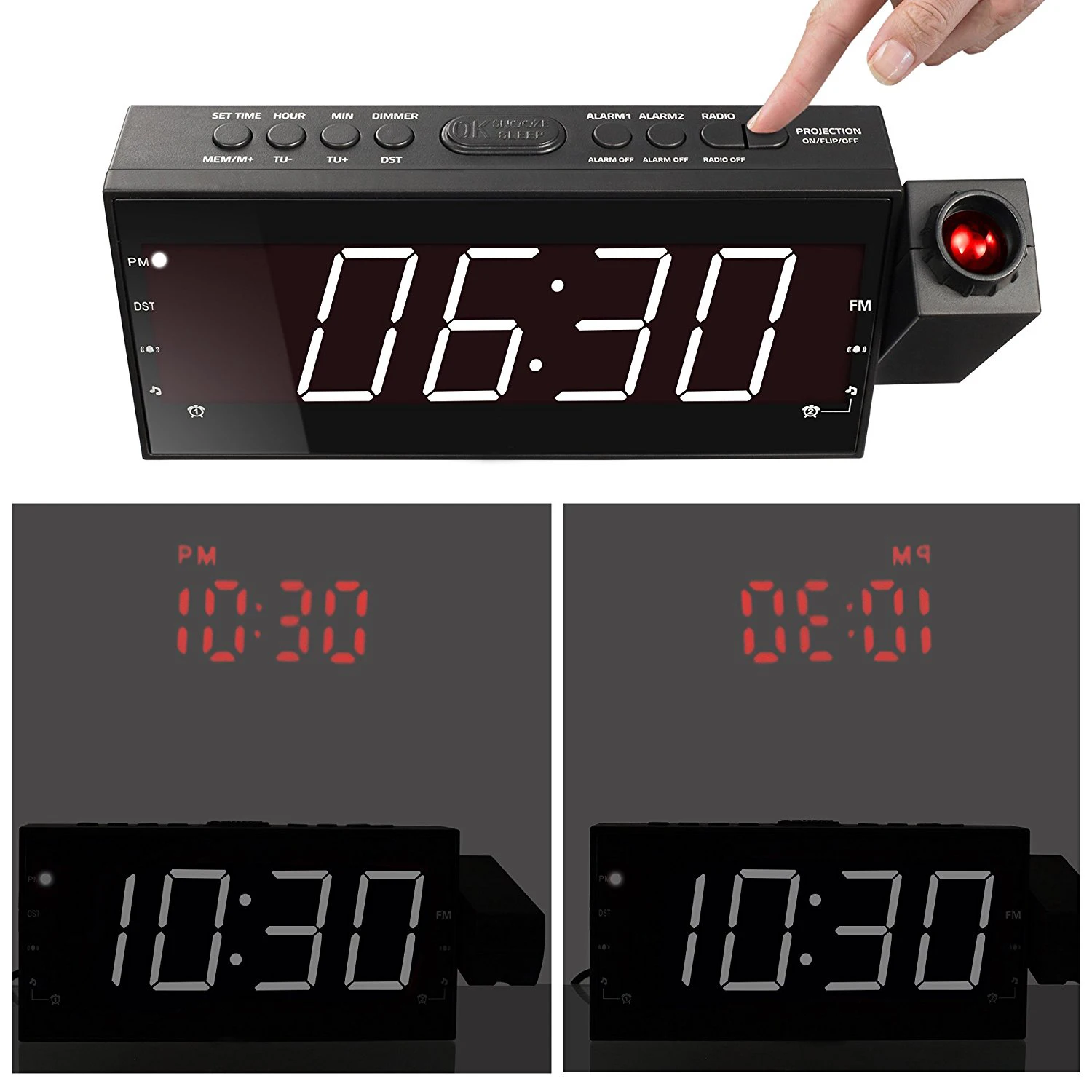 Factory Directly Sale Hotel Snooze Dimmer Digital FM Radio Alarm Clock with Projector