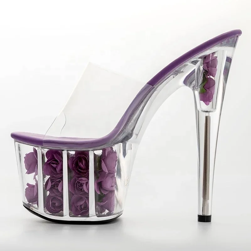about 7 inch transparent heel slide sandals sexy Rose Crystal Love 17 cm super high heels platform high heels nightclub