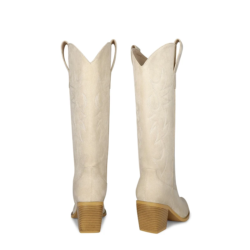 WETKISS Wholesale OEM Shoes High Chunky Heel Faux Suede Knee Boots Women Western Boots Embroidery Cowgirl Boots for All Season