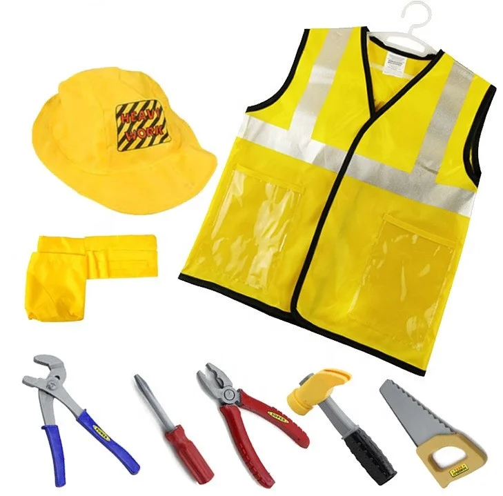 Construction Worker Costumes Kits for Kids Boys Builder Career Outfit Tool Belt Vest Hat Pretend Role Play Toy Set