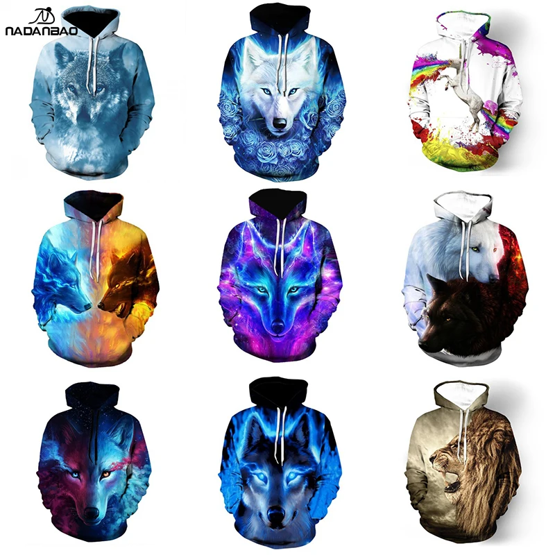 NADANBAO Fashion Funny Hot 3D Wolf Printed Hoodies for Men New Style Animal Hoodie Printing Sweatshirt For Men Oversize Pullover