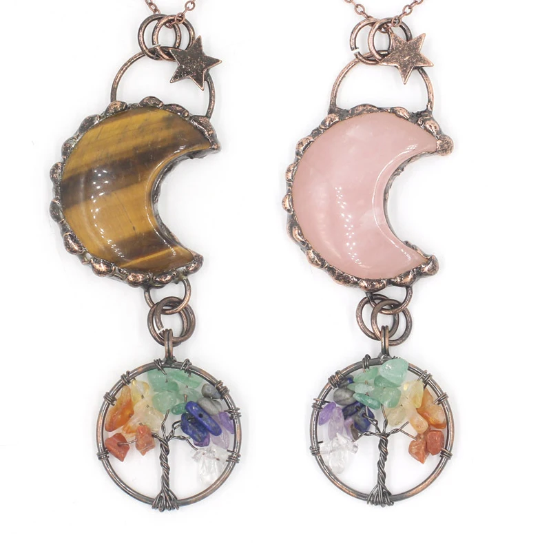 Wholesale Healing Tree of Life Pendant Vintage Copper Natural Crystal Rose Quartz Moon Necklace for Gift