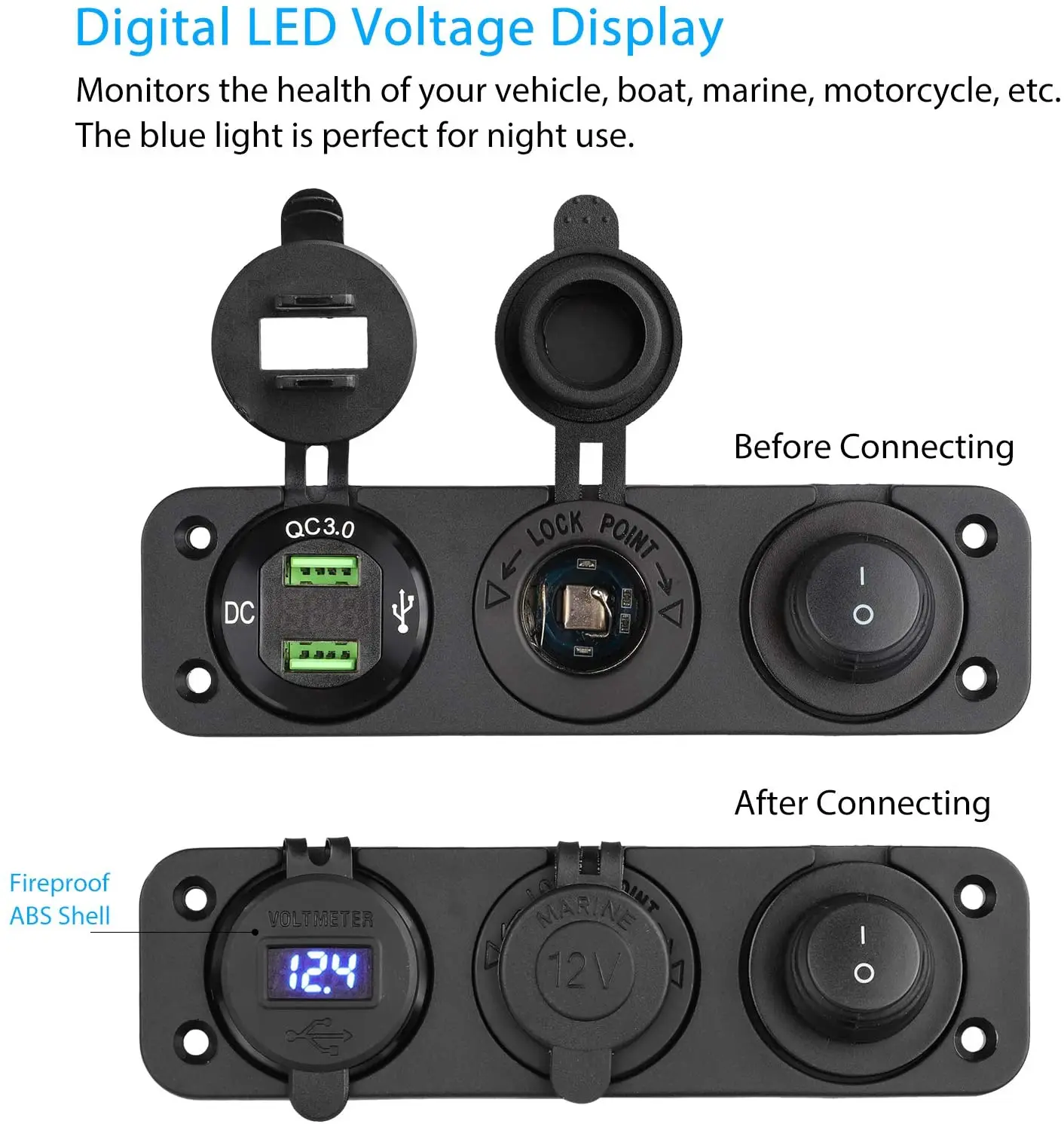 QC 3.0  Dual USB Car Socket + LED Digital Voltmeter+ Cigarette Lighter Socket Splitter + LED Lighted ON Off Rocker switch