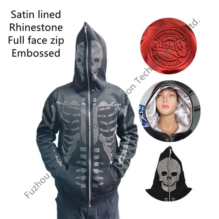 Custom Logo Mens Women Unisex Silk Satin Lined Embossed Skeleton Rhinestone Full Face Zip Hoodie