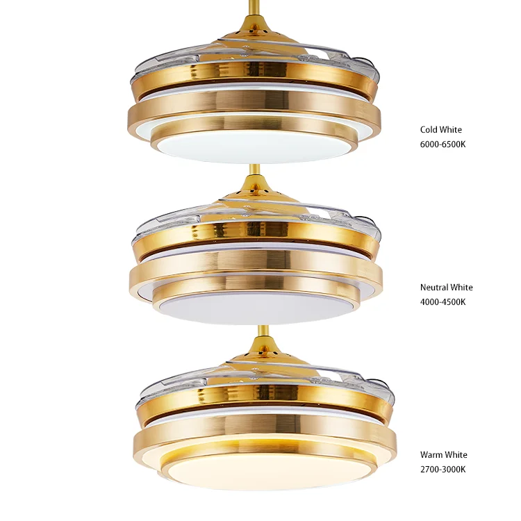 Modern Golden 42 Inch Invisible 4 Blades Decorative Ceiling Fan with LED Light