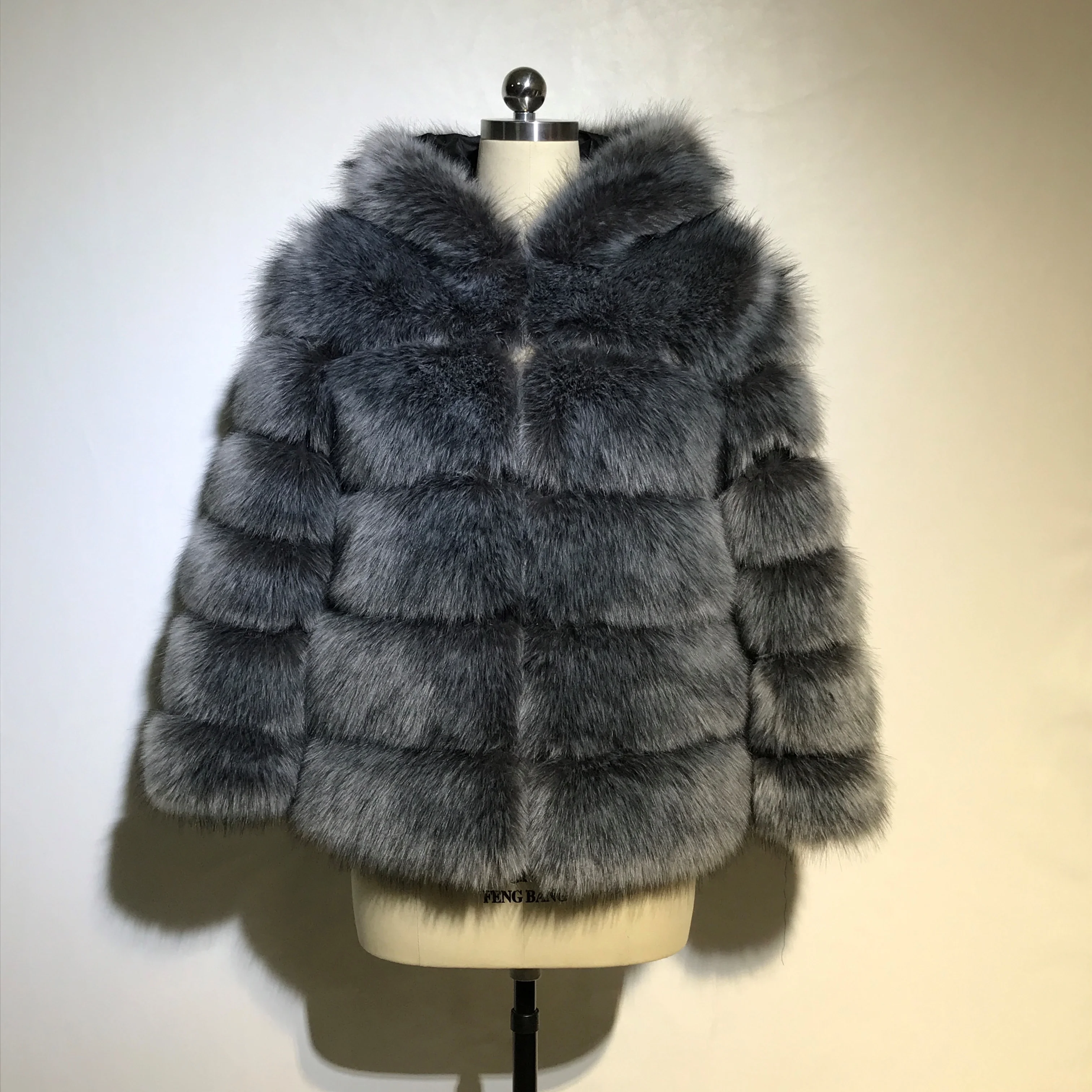 Office Lady style long sleeves faux fox fur coat with hood