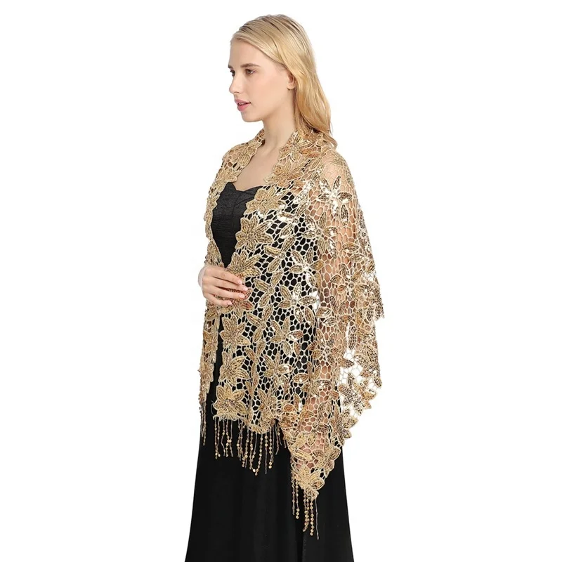 MIO Fashionable sequins tassel shawl for dinner party evening dress women lady elegant lace wraps shawl