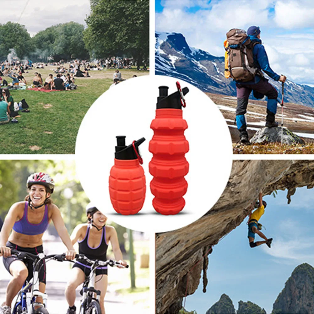 Wholesale 580ML Camouflage Silicone Water Bottle With Straw, Grenade Silicone Outdoors Foldable Sports Water Cup