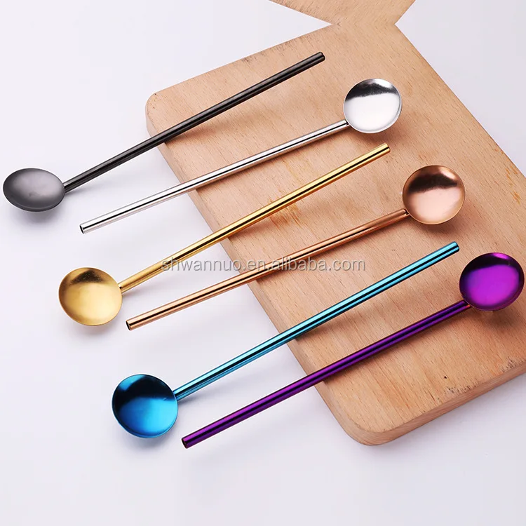 WanuoCraft Long 7 Colors  Metal Straight Stirrer Bar Cocktail Spoon Reusable Drinking Straws Stainless Steel Straw Spoon