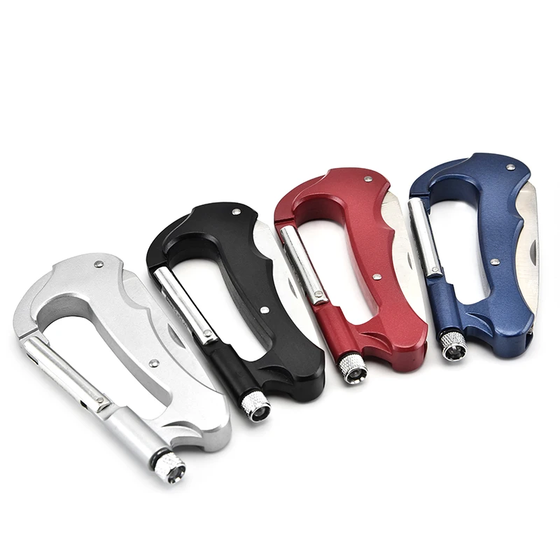 EDC Pocket and Backpack Hiking Camping Tool Carabiner Keychain Stainless Steel Multitool Carabiner Keychain With LED Light