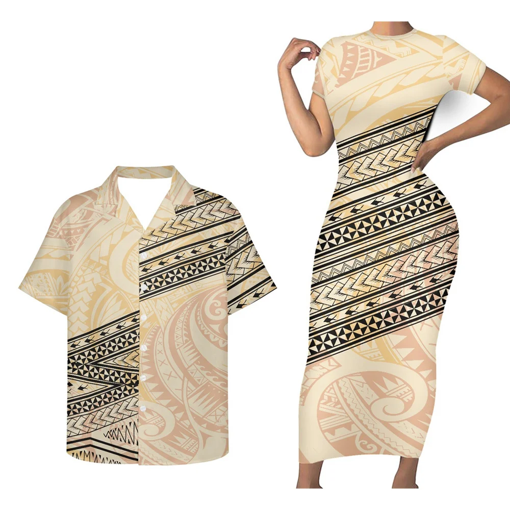 2022 Custom Print Polynesian Tribal Samoa Tapa Matching Couple Outfits Button Down Men Shirts Female maxi long Bodycon Dresses