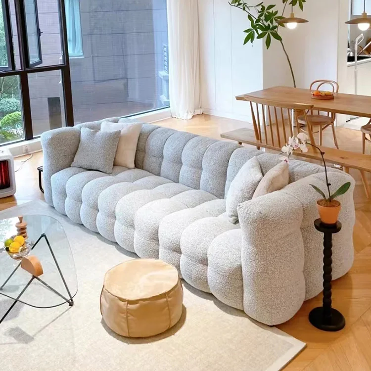 Designer Overstuffed Plush Deep Seat Bouncy Puffy Couch Cream White Teddy Boucle Sofa