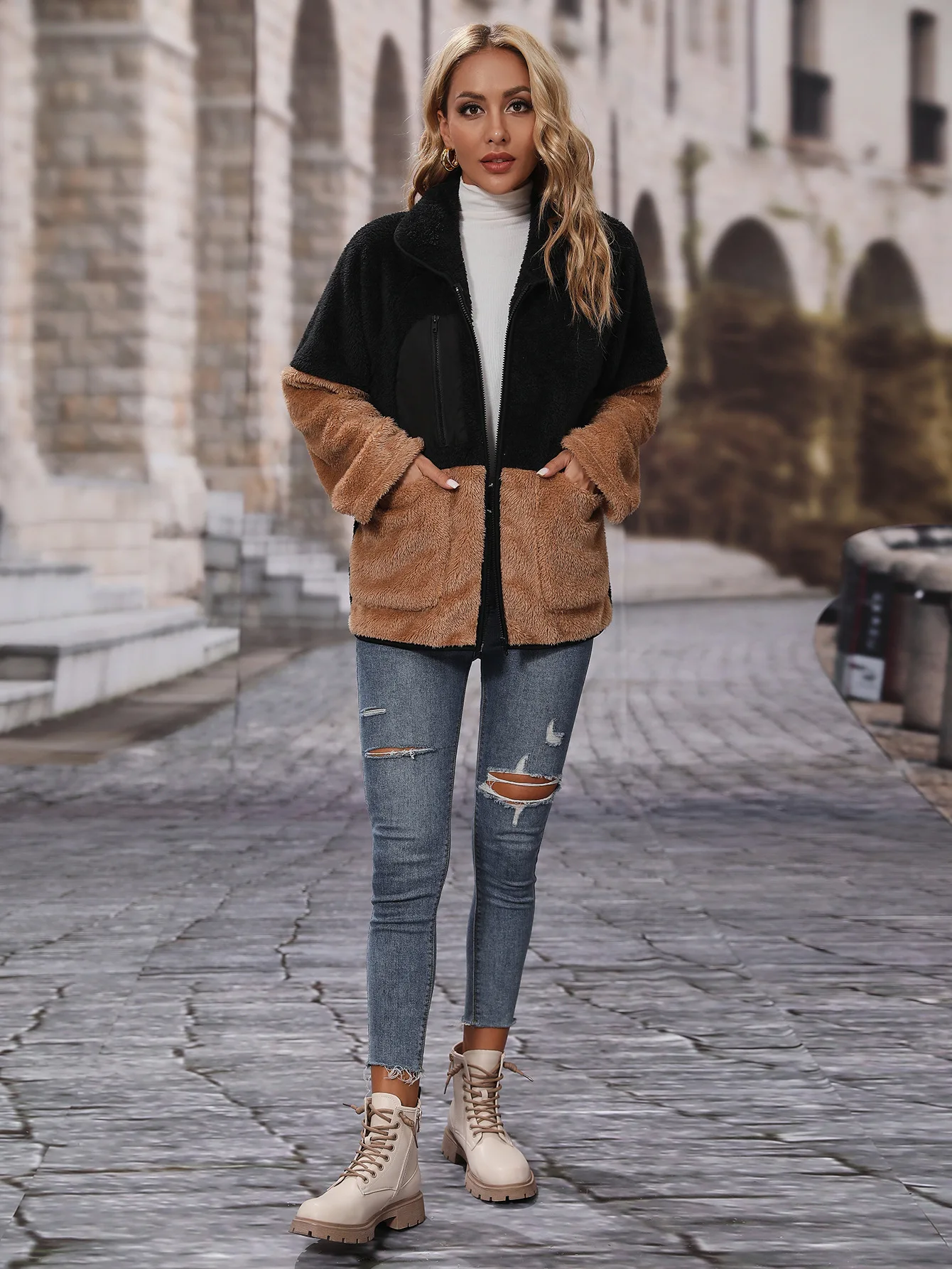 OEM ODM Custom Logo Wholesale New Winter Women  Streetwear Neon Pink Contrast Trimmed Leopard Long Sleeve Shacket Jacket Coat