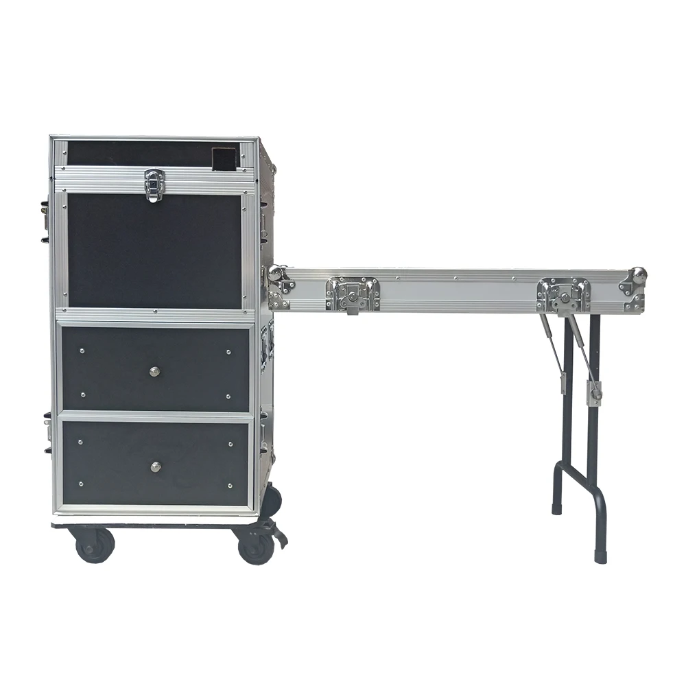 China factory custom moving head dj table large drawer aluminum flight case with wheels