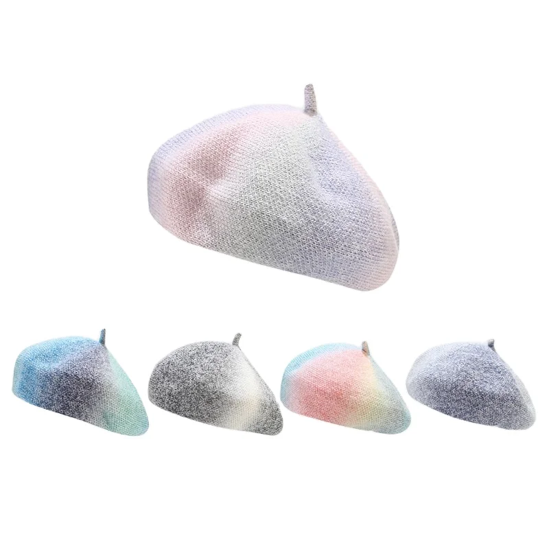 French Beret Hat for Women Tie-dyed Color Classic Slouchy Knit Beanie Winter Warm Artist Painter Hat