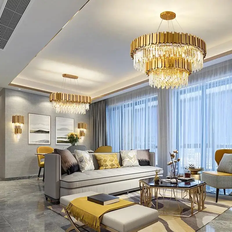 Round indoor luxury ceiling chandelier black gold home crystal modern Led Chandeliers glass Pendant lamp Lights
