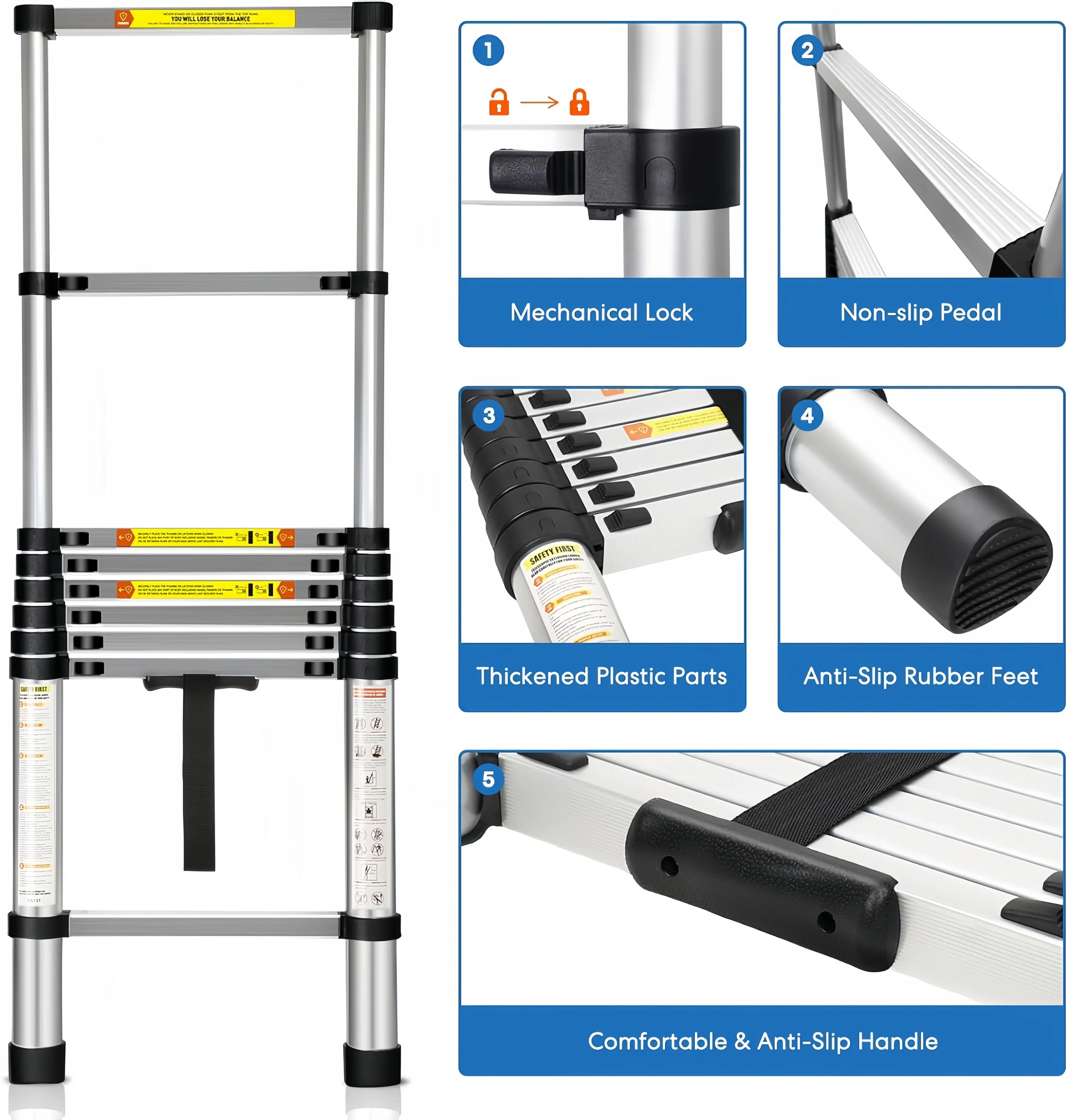 Safety Folding Ladder 8.5ft 2.6m Non-Slip Feet Straight Aluminum Climbing Telescopic Ladder