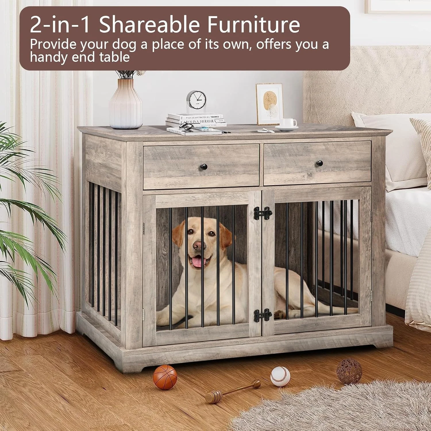 Luxury Small Dog House Indoor Pet Kennel Cage in Solid Metal and Wood Small Animal Pet Products with Animal Pattern