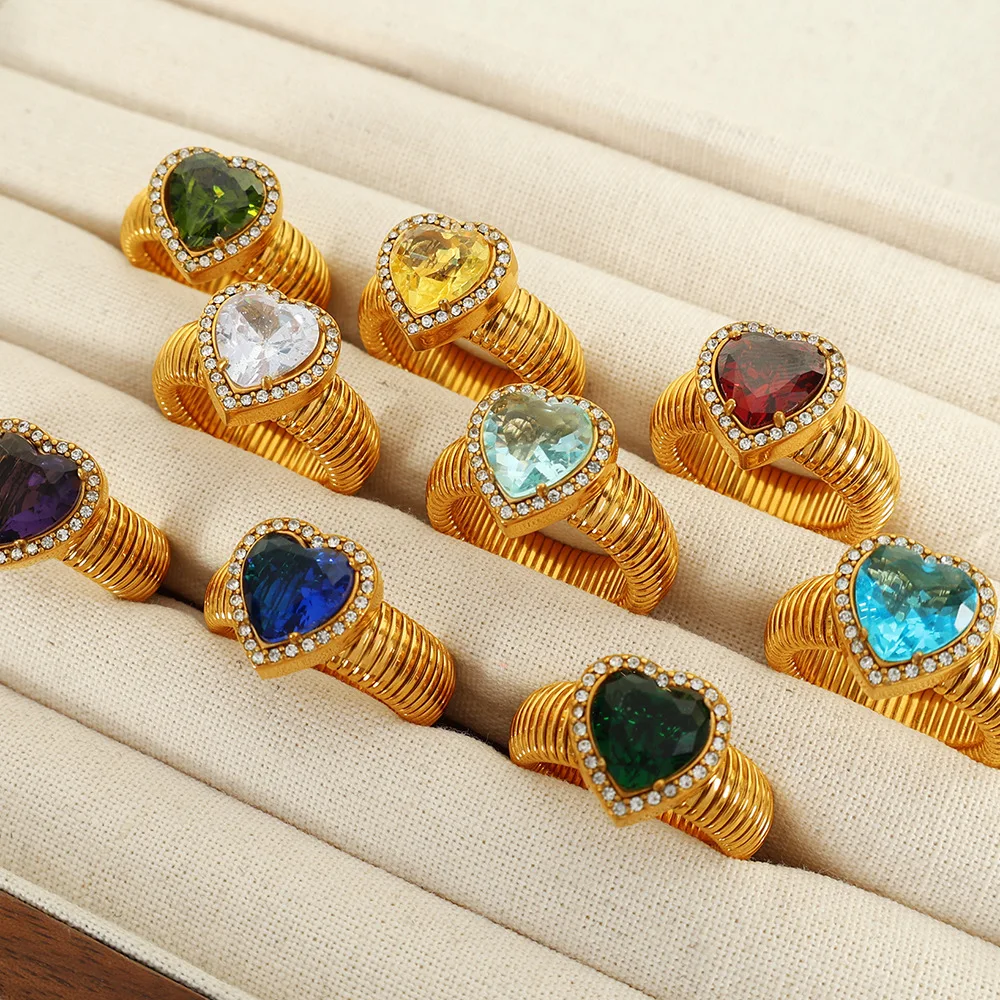 New Luxury Tarnish Free 18k Gold Plated Stainless steel Colorful Heart Zircon Rings Women Exaggerated Stretchable Elastic Ring