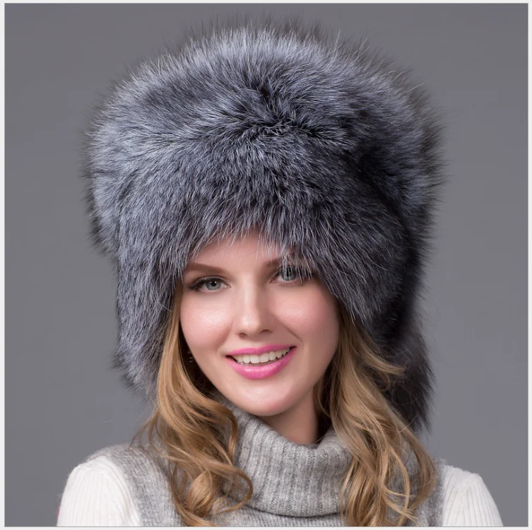 Girls Grey Winter Hat Mongolian Fox Fur Headband Hat Natural Fur Ear Flaps Hat