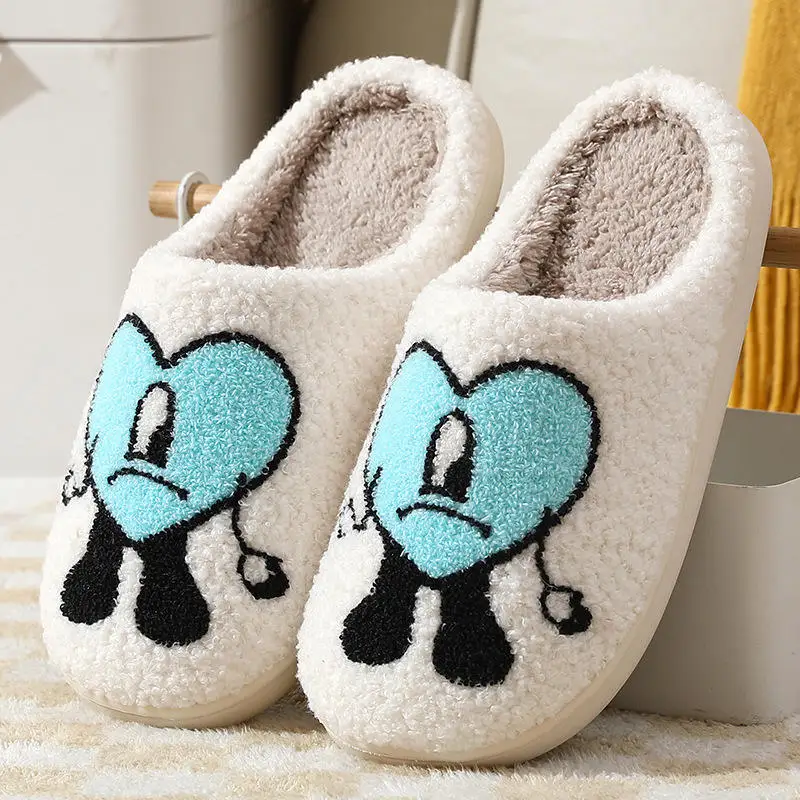 Wholesale Stock Custom Logo Red Heart Bad Cute Bunny Slippers Slides Ladies Warm Winter Home Slippers