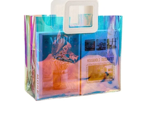 Custom Logo Hot New Holographic Transparent Handbags Beach Gift bag Laser Clear PVC Tote Shopping Bag