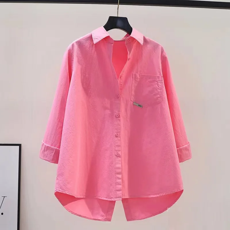 2023 Rose Pink Trendy Loose Lapel Long-sleeved All-match Cardigan Shirt Women Blouse