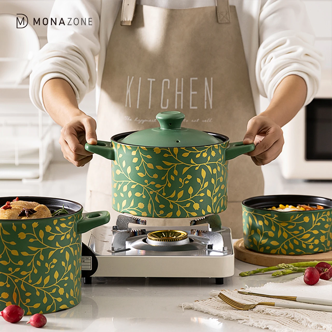 
MONAZONE Golden Leaf Pattern Kitchen Soup Pot Ceramic Gas Stove Special Ceramic Milk Soup Pot Resistant 