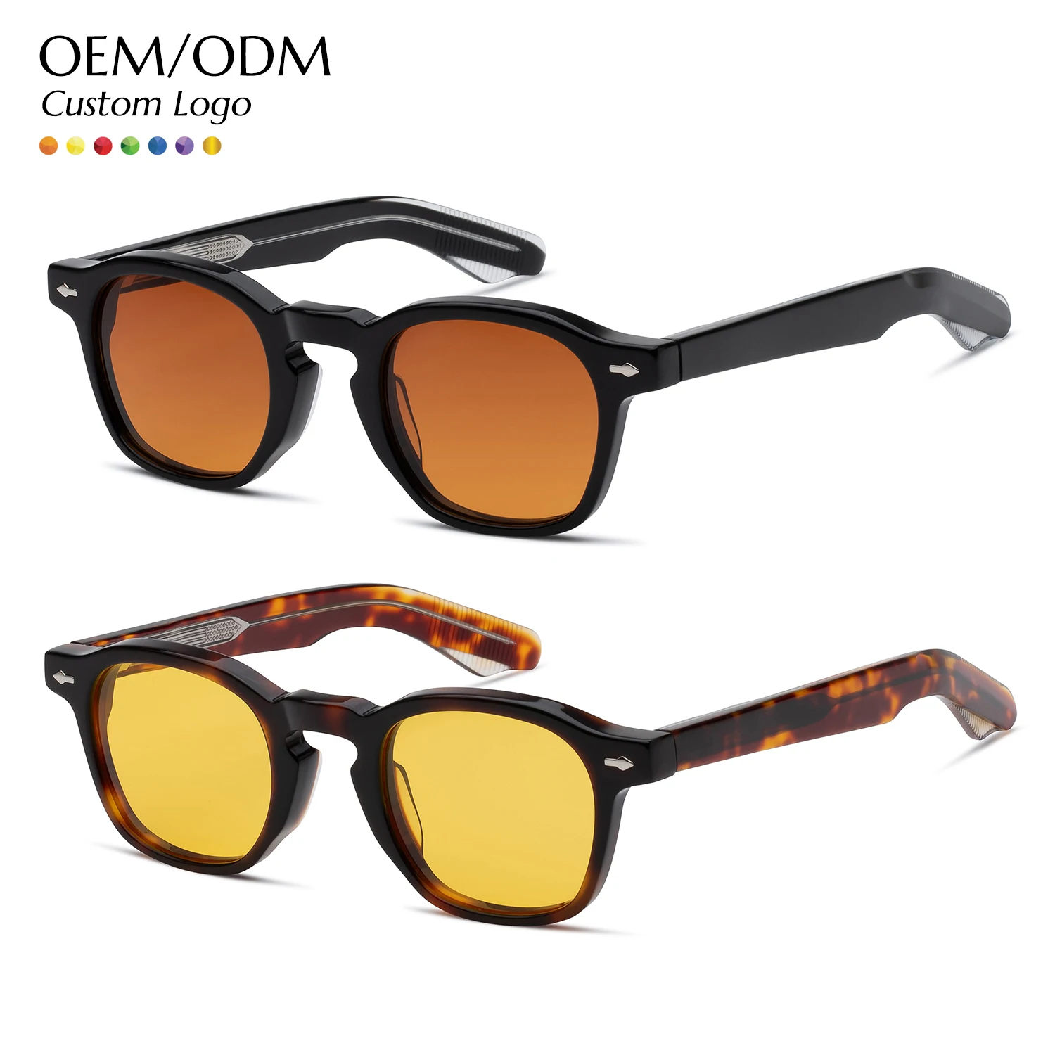 Винтажные ацетатные солнцезащитные очки для женщин и мужчин с логотипом высокого качества Желтые Нейлоновые в круглой оправе заклепками